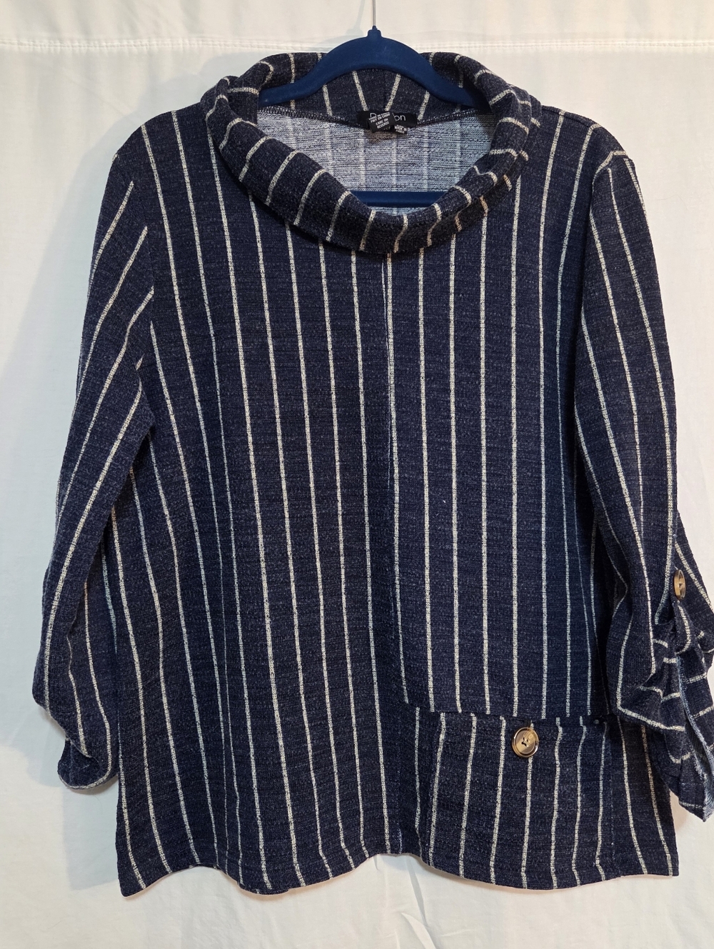 Papillon XXL Striped Navy Cowl Neck Lightweight Boho Sweater with Pocket